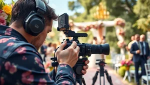 Videographer capturing moments at a wedding with a high-end camera in a beautiful outdoor setting.
