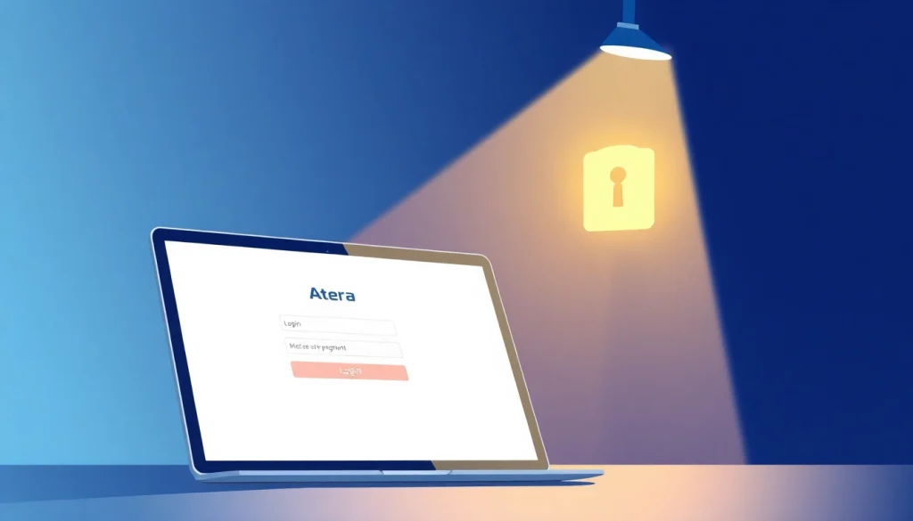 Atera login process illustrated with a secure device accessing the login page.