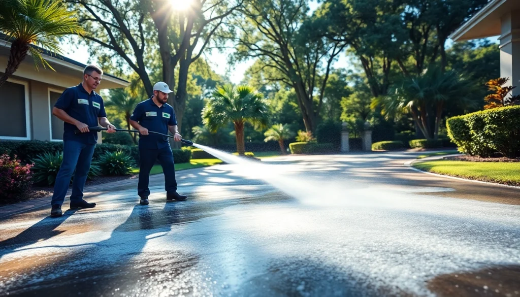 Professional pressure wash team cleaning a driveway in Kissimmee, FL, showcasing eco-friendly techniques.