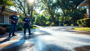 Professional pressure wash team cleaning a driveway in Kissimmee, FL, showcasing eco-friendly techniques.