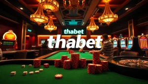 Experience the thrill of thabet in a luxurious casino setting with poker tables and neon slot machines.
