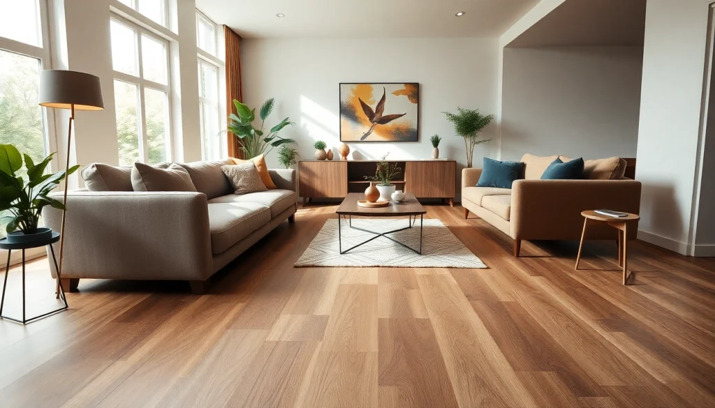 Salon élégant avec un carrelage imitation parquet qui apporte chaleur et élégance.