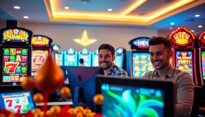 Engaging online gaming experience at Kode4d featuring vibrant slot machines and happy players.