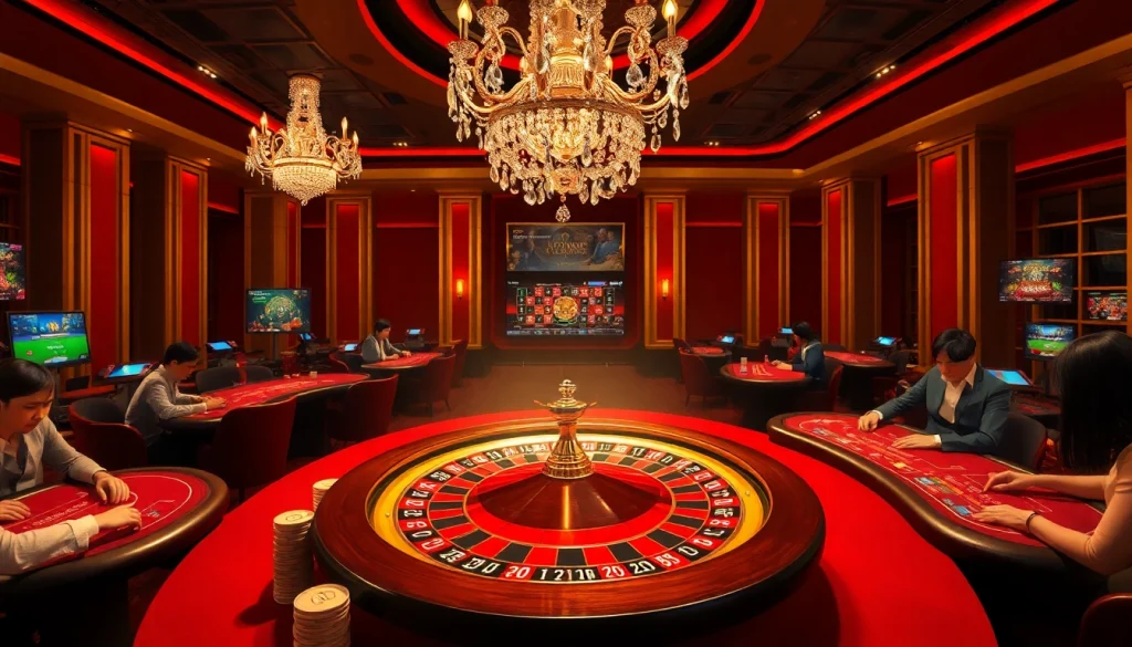 Experience the thrilling atmosphere of IWIN with luxurious casino tables and vibrant gaming action.