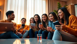 Hello88 online betting friends enjoying a vibrant gaming experience in a modern living room.