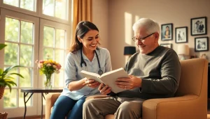 Engaged caregiver providing austin senior home care in a warm, inviting living room.