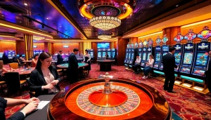Experience thrilling gambling at 여기여, featuring poker players and vibrant slots in a luxury casino.