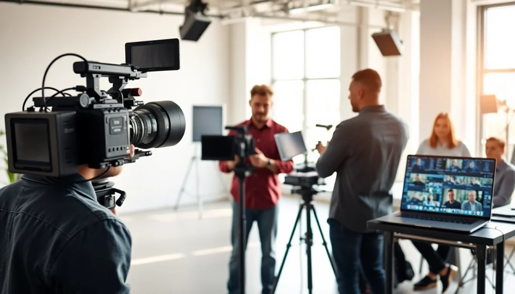 Engaged team in a Creative Video Production Agency collaborating on a project in a modern studio setting.