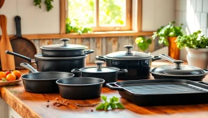 Showcasing diverse cast iron cookware NZ in a warm kitchen setting with natural light.