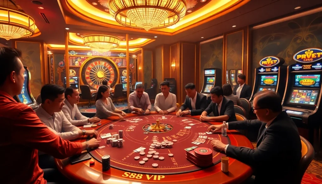 Engaging scene at S88 VIP casino with players enjoying poker and roulette under elegant lighting.