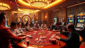 Engaging scene at S88 VIP casino with players enjoying poker and roulette under elegant lighting.