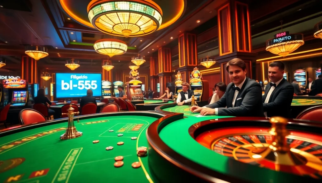 Exciting gaming scene at bl-555.io with roulette, slot machines, and engaged players.