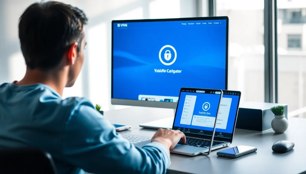 快连官网 interface on a modern workspace computer showcasing high-speed VPN features.