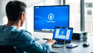 快连官网 interface on a modern workspace computer showcasing high-speed VPN features.