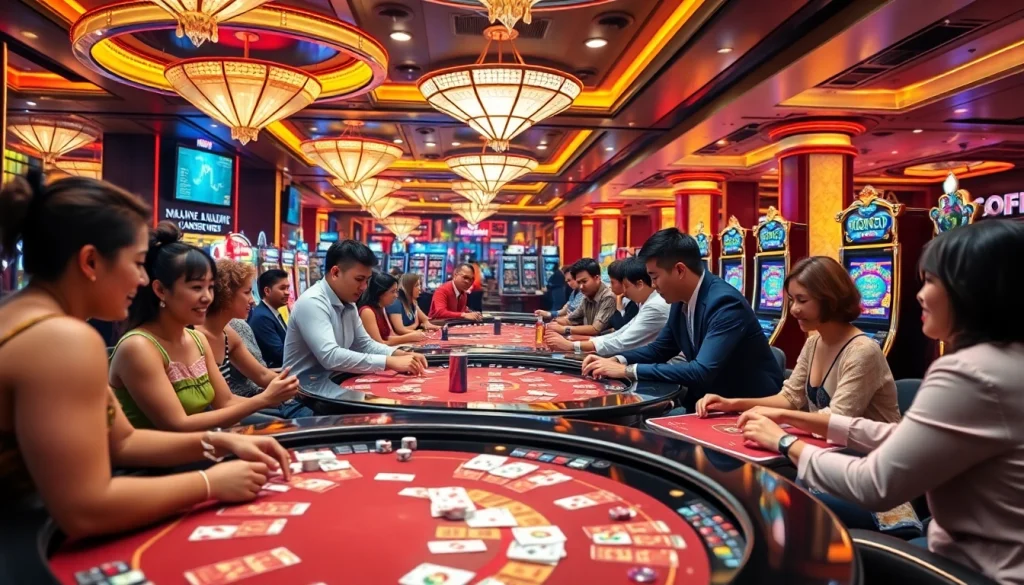 Gambling excitement at a luxurious casino featuring 188bet tables and vibrant players.