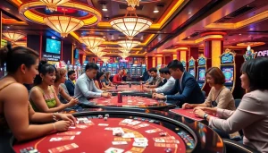 Gambling excitement at a luxurious casino featuring 188bet tables and vibrant players.