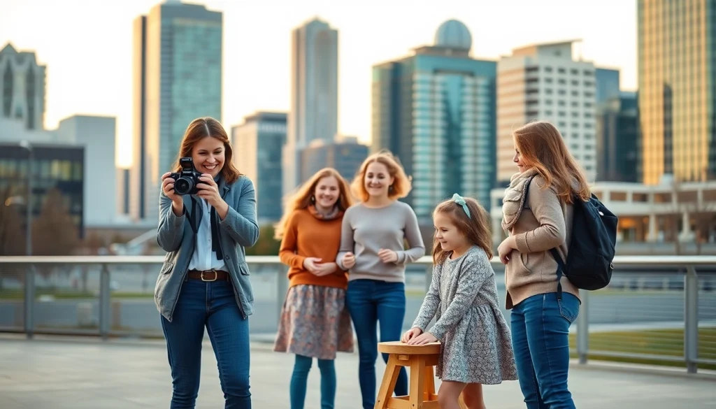 Candid shot of a family with photographer in Edmonton, capturing precious moments.