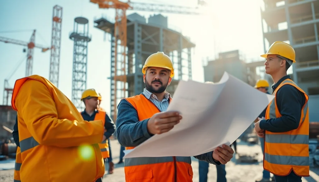 New Jersey Construction Manager reviewing blueprints at a busy construction site.