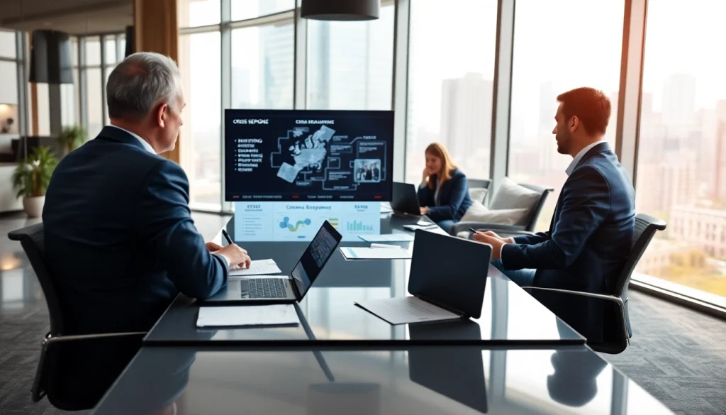 Crisis management consultant leading a strategic crisis response meeting in a corporate office.