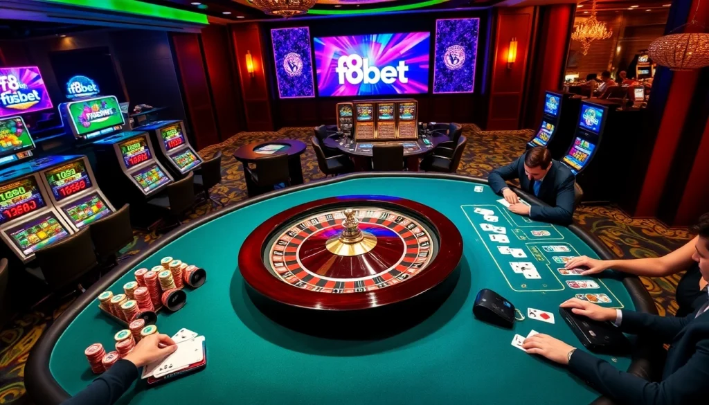 Experience the excitement of f8bet at a luxurious casino with vibrant tables and engaging gameplay.