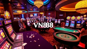Gamblers enjoying exciting games at VN88 casino tables, featuring vibrant slot machines and poker chips.