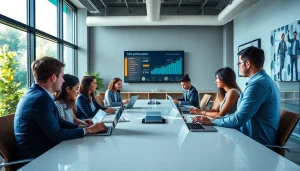 Professional team discussing BOX138 financial performance metrics in a modern office.