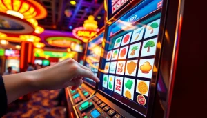 Putar mahjong slot dengan mesin penuh warna di kasino yang ramai.