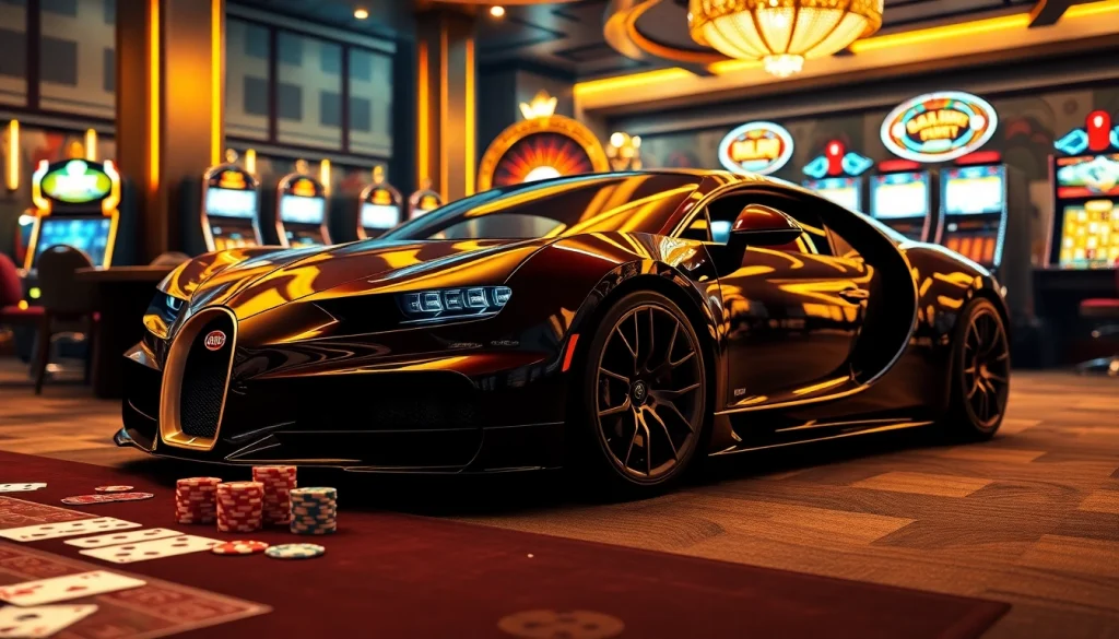Experience high-stakes action with Bugatti8 at a luxurious casino table, showcasing poker chips and roulette.