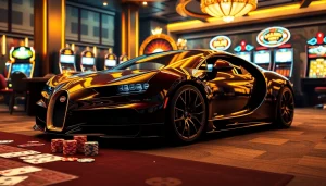 Experience high-stakes action with Bugatti8 at a luxurious casino table, showcasing poker chips and roulette.