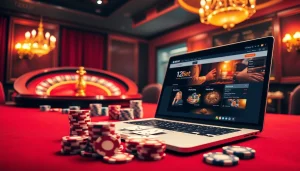 Engage with 12bet's thrilling poker scene featuring vibrant casino elements.