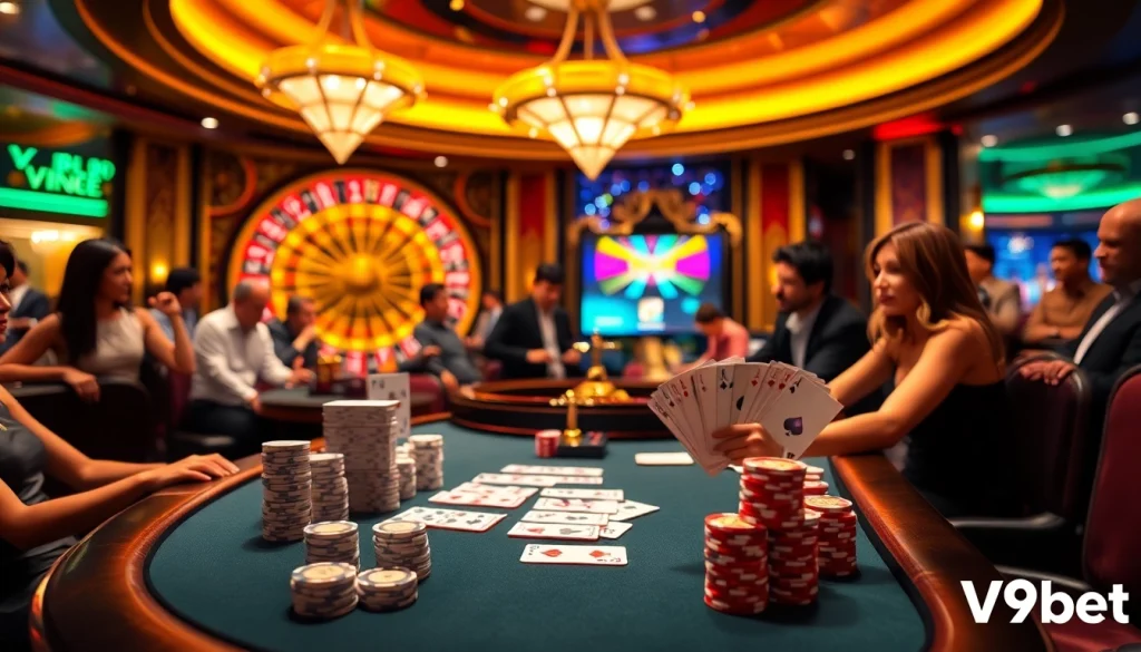 Experience the thrill of winning at V9bet with a vibrant casino scene featuring poker chips and a roulette wheel.