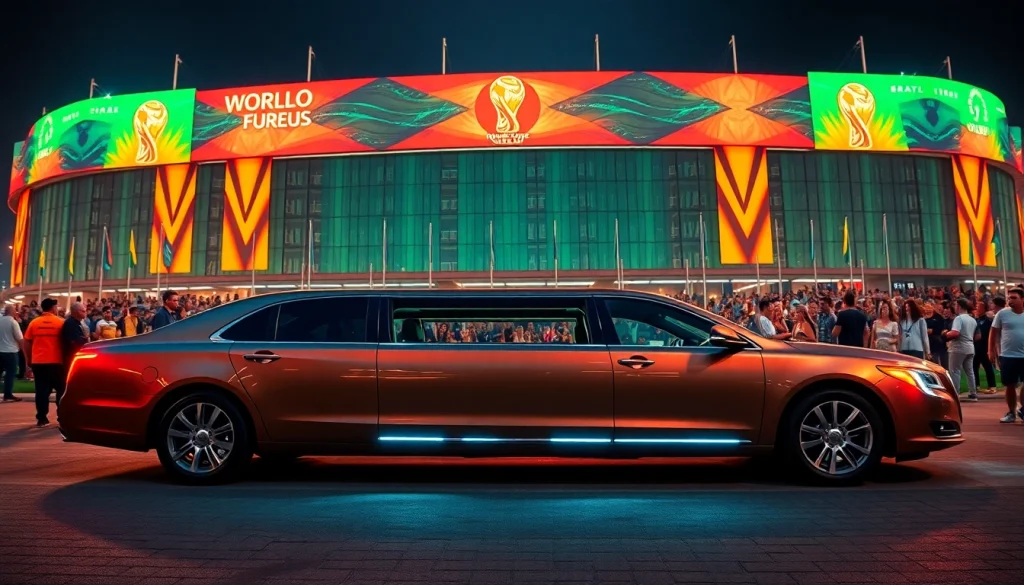 World Cup Group Transportation in a luxury limousine outside a grand stadium.