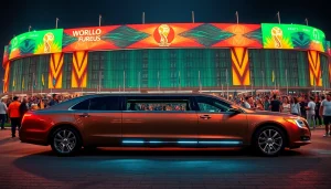 World Cup Group Transportation in a luxury limousine outside a grand stadium.