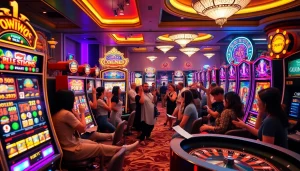 Engaged players celebrating wins at a vibrant 슬롯커뮤니티 of slot machines in a luxurious casino.