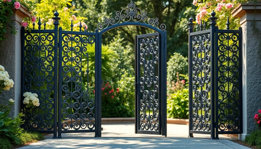 View custom steel gates with intricate patterns invitingly positioned in a blooming garden.