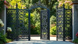 View custom steel gates with intricate patterns invitingly positioned in a blooming garden.