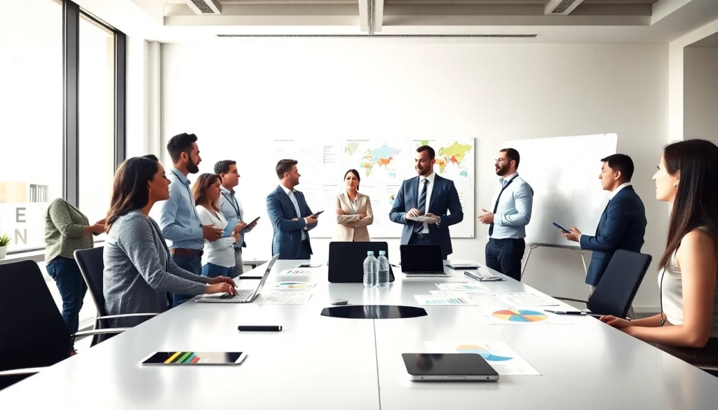 Analysts collaborating on competitive intelligence strategies in a modern office.