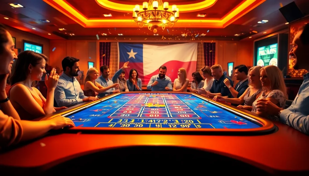 Engaging scene of players enjoying the best online casinos Texas with vibrant lighting and festive atmosphere.