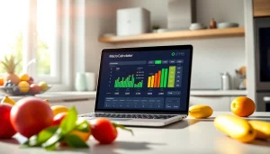 Calculate your macro calculator needs with a professional interface in a bright kitchen.