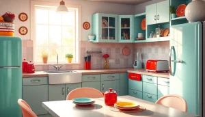 Showcase of retro appliances in a cozy kitchen setting with vintage charm