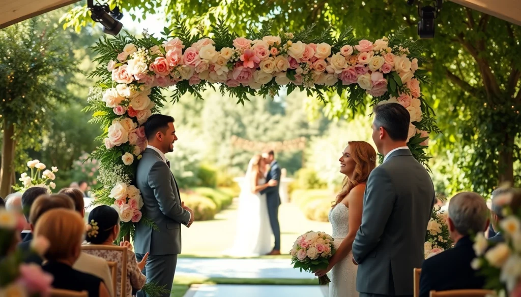 Celebrating love at Clarksburg Wedding Venues with a charming outdoor ceremony beneath floral decor.