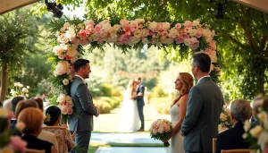Celebrating love at Clarksburg Wedding Venues with a charming outdoor ceremony beneath floral decor.