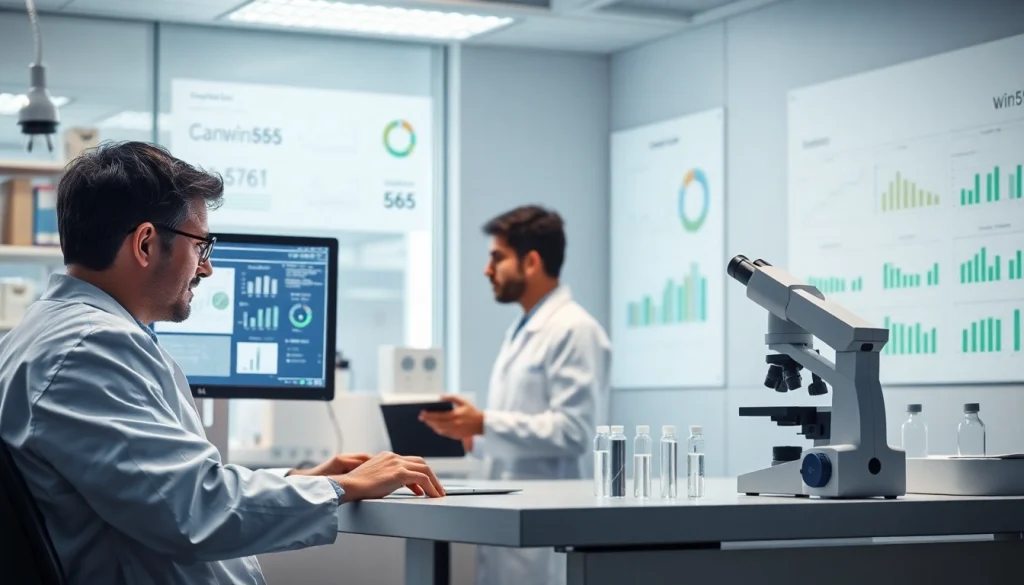 Researchers studying win55 in a modern laboratory.