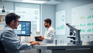 Researchers studying win55 in a modern laboratory.