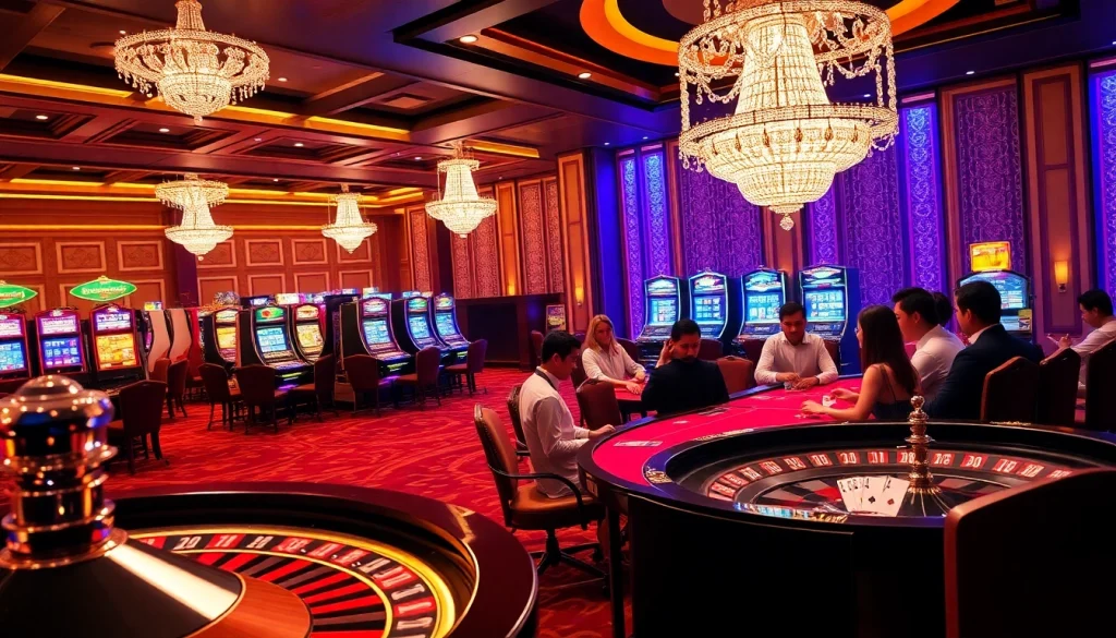 Exciting casino environment showcasing Trang chủ S88VIP with poker players and vibrant slot machines.