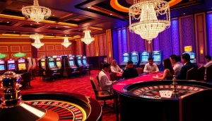 Exciting casino environment showcasing Trang chủ S88VIP with poker players and vibrant slot machines.