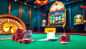 Visual representation of lively casino atmosphere at shbet com, featuring vibrant tables, poker chips, and slot machines.