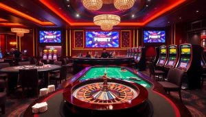 Experience the thrill of gambling at Nhà cái F8BET with vibrant casino visuals featuring poker tables and slot machines.