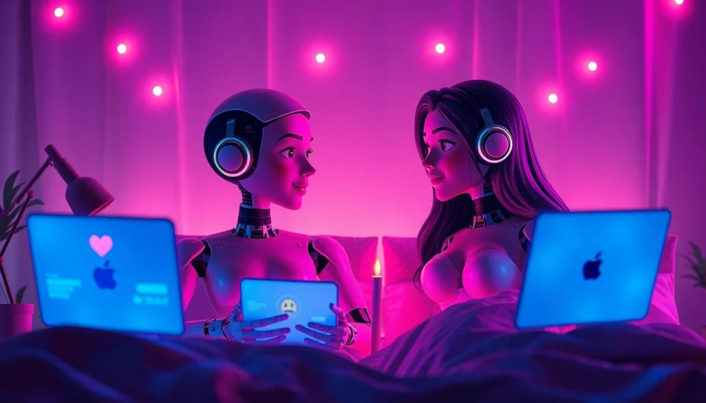AI sexting characters engaged in intimate conversation in a cozy bedroom, reflecting modern digital intimacy.