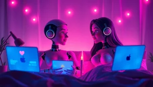 AI sexting characters engaged in intimate conversation in a cozy bedroom, reflecting modern digital intimacy.